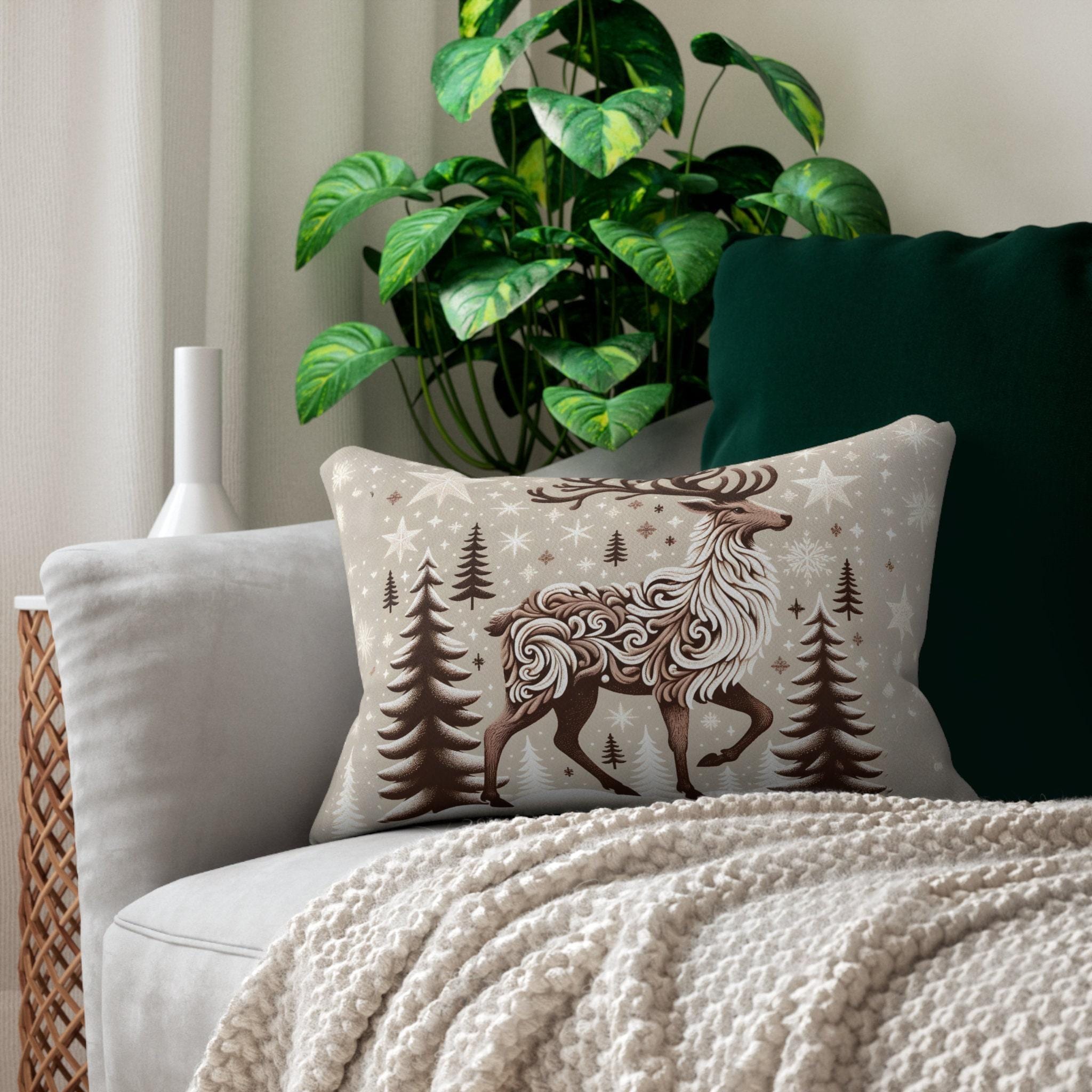Flocked Reindeer: Intricately Detailed Lumbar Pillow with Snowy Winter Backdrop