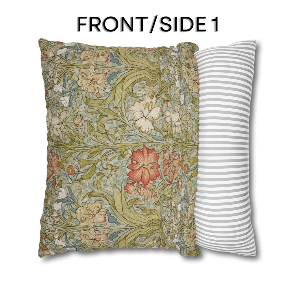 William Morris Style Pillow Cover: Soft Sage, Coral and Ivory Botanical Floral