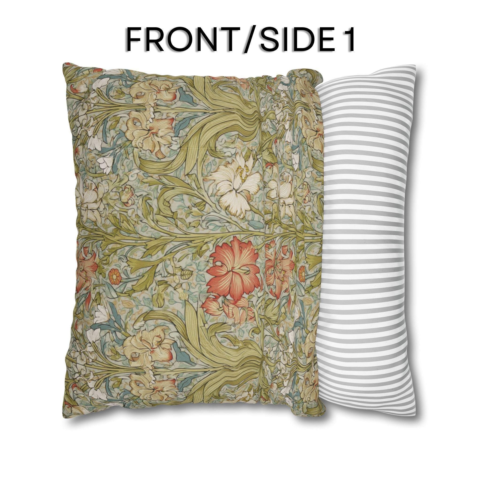 William Morris Style Pillow Cover: Soft Sage, Coral and Ivory Botanical Floral