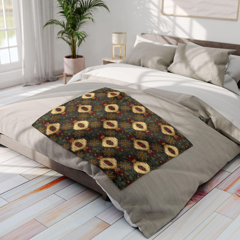 Elegant Christmas Arctic Fleece Throw Blanket - Gold Snowflakes on Green, Charcoal & Red