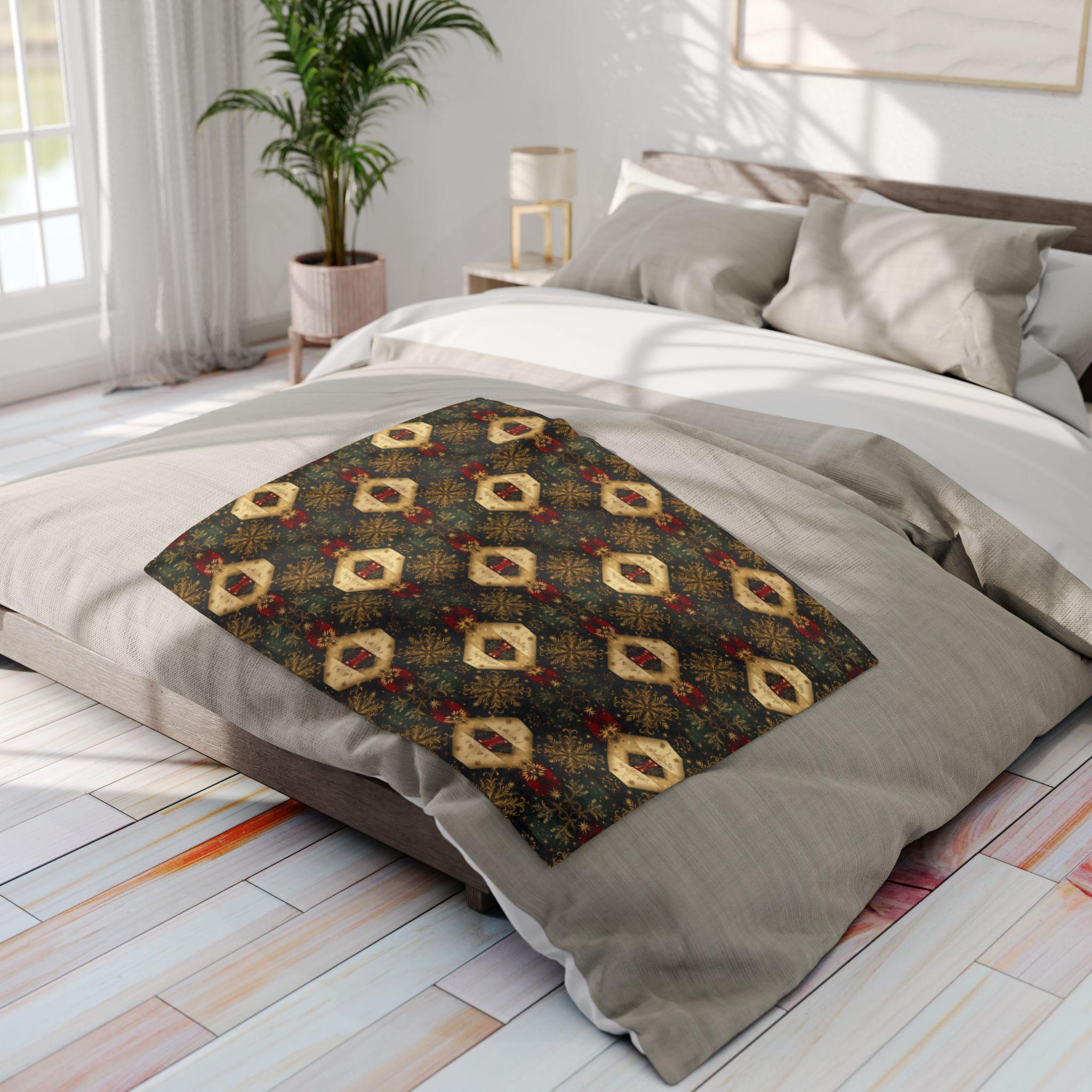 Elegant Christmas Arctic Fleece Throw Blanket - Gold Snowflakes on Green, Charcoal & Red