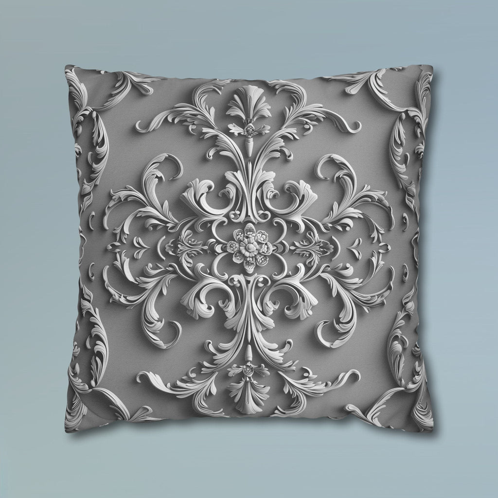 Elegant Silver Grey Baroque Floral Pillow Cover - Monochromatic Symmetrical Design for Classic Decor