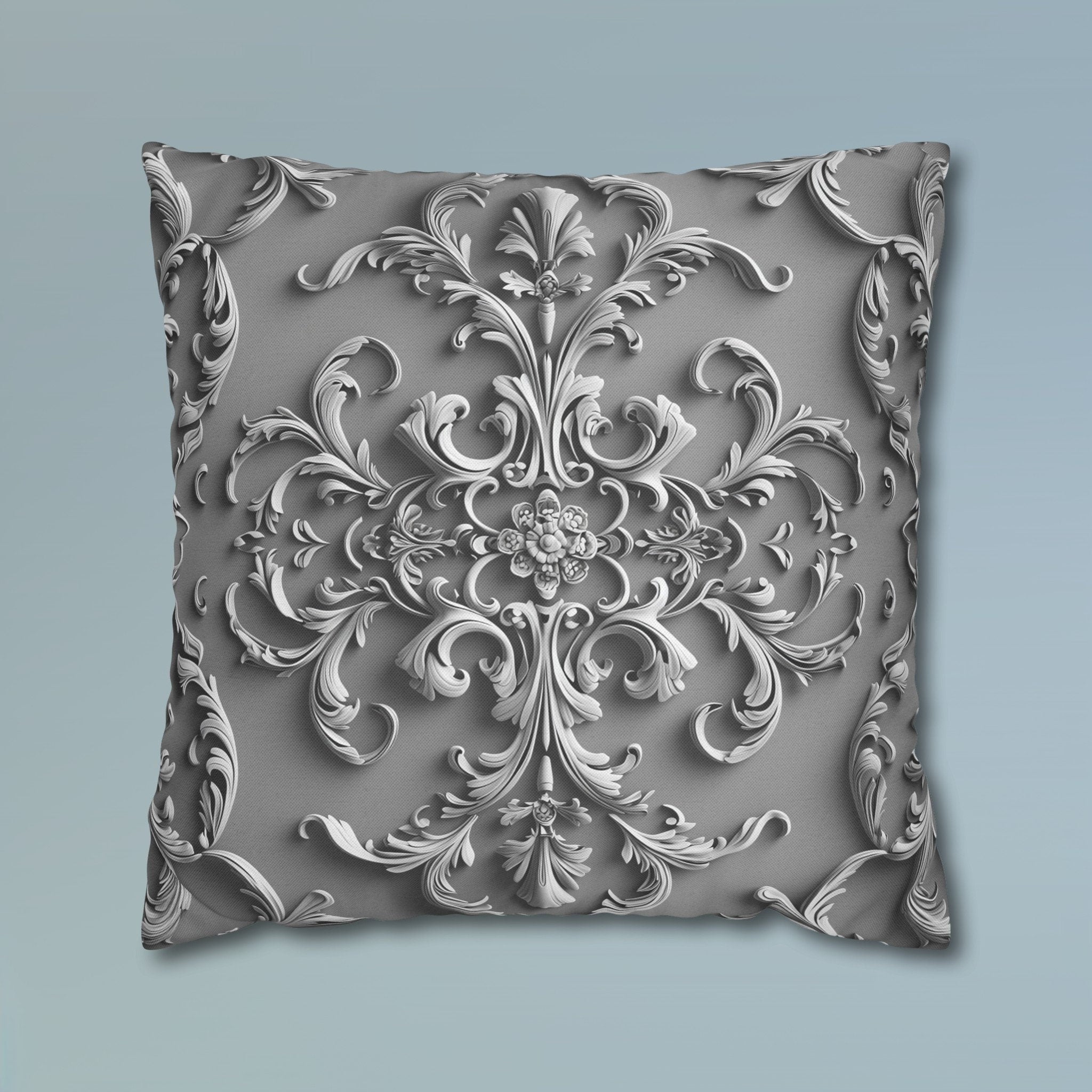 Elegant Silver Grey Baroque Floral Pillow Cover - Monochromatic Symmetrical Design for Classic Decor