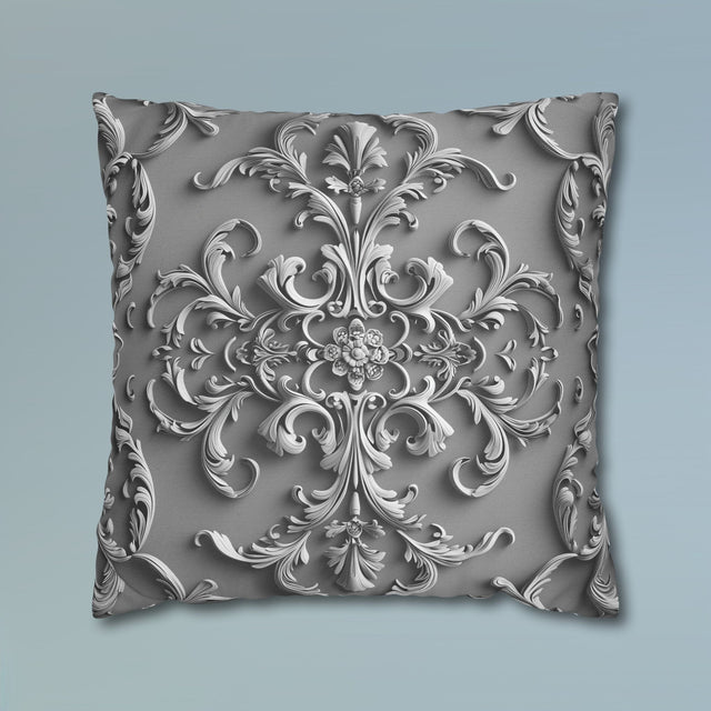 Elegant Silver Grey Baroque Floral Pillow Cover - Monochromatic Symmetrical Design for Classic Decor