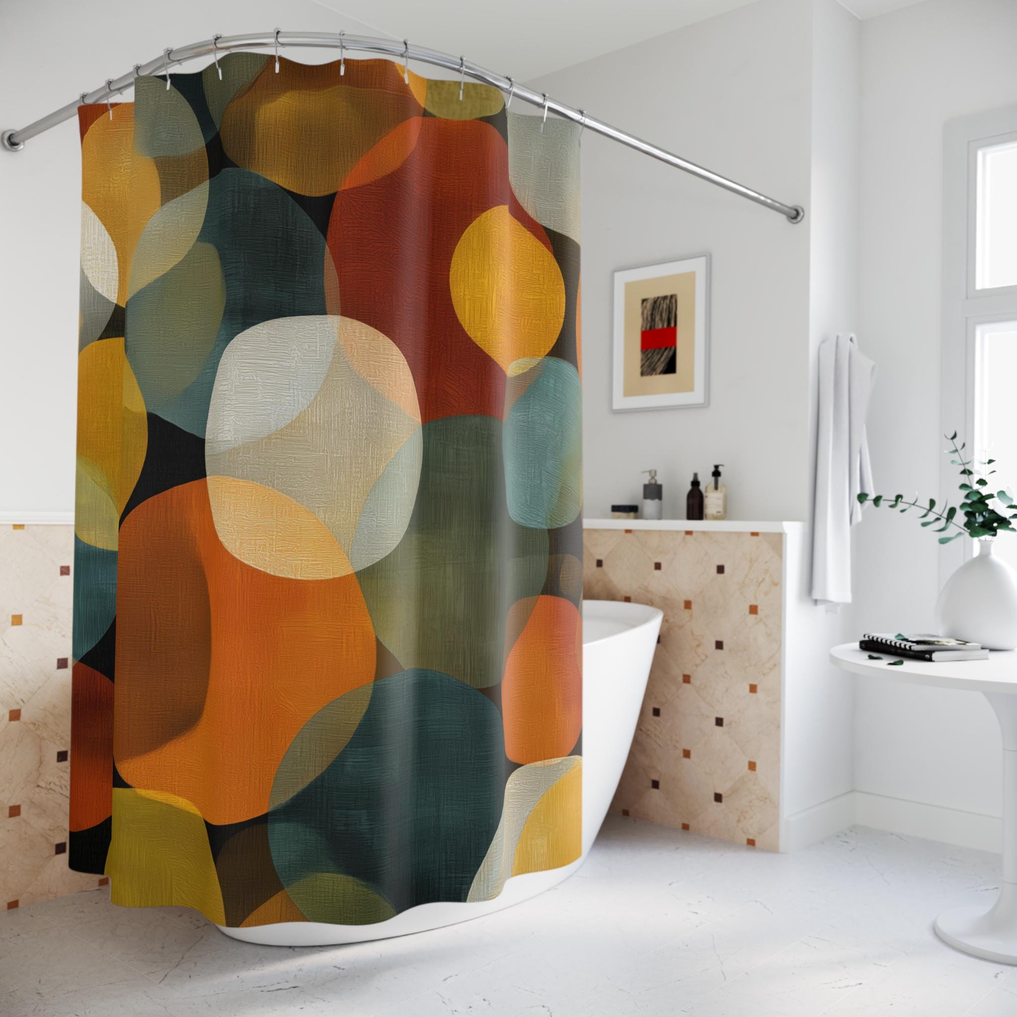 Retro Fabric Shower Curtain: Earthy Mid-Century Modern Design