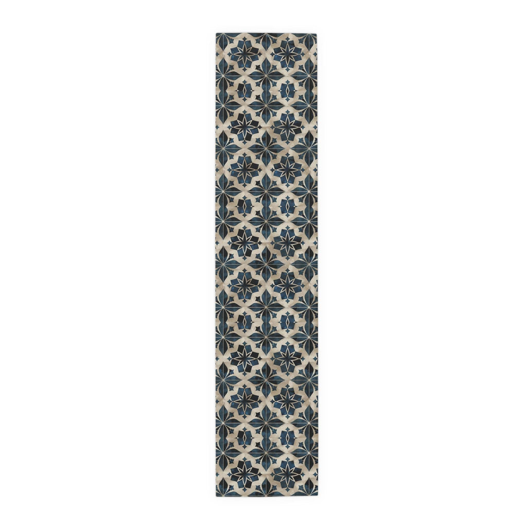 Moroccan Tile-Inspired Table Runner Geometric Pattern, Navy Blue Beige
