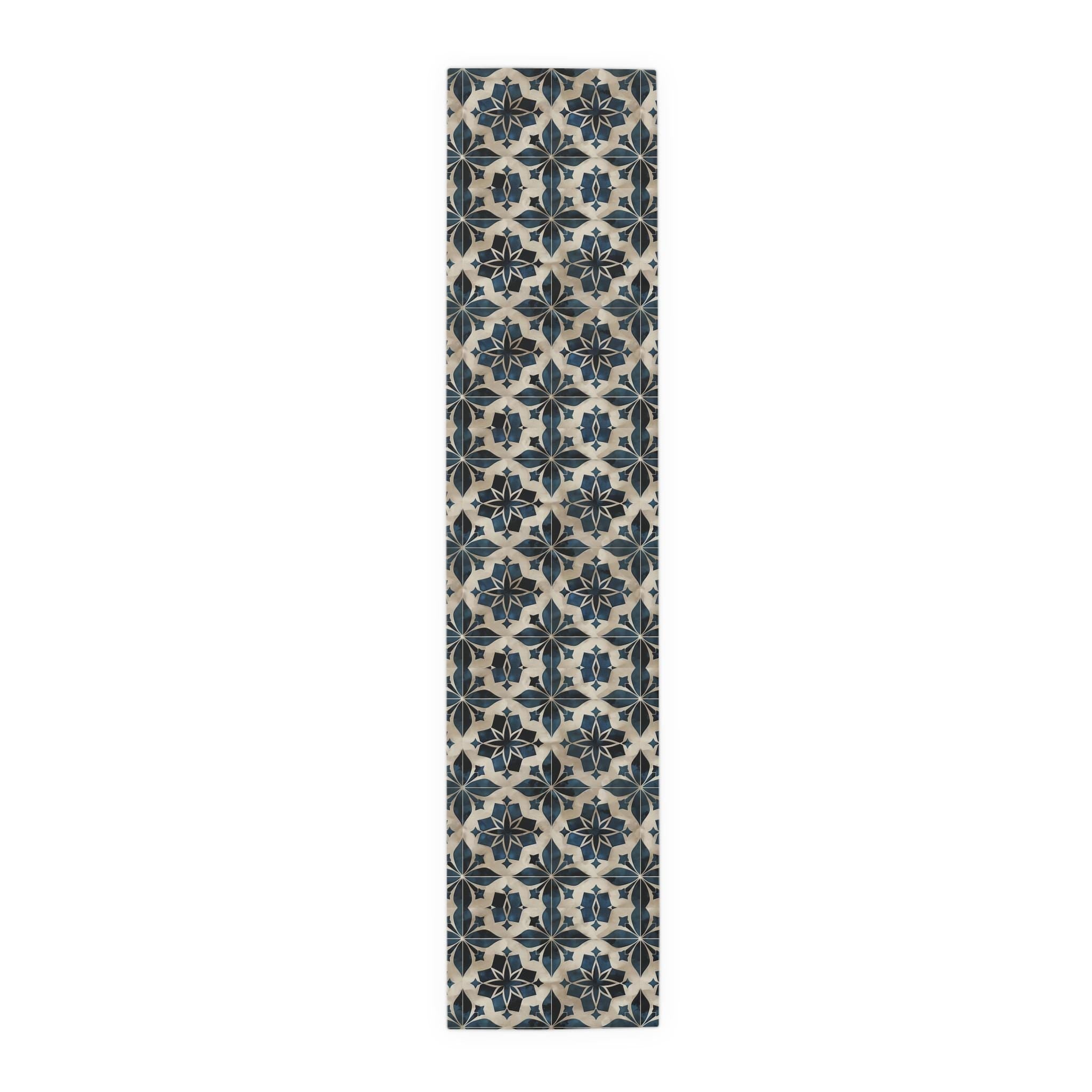Moroccan Tile-Inspired Table Runner Geometric Pattern, Navy Blue Beige