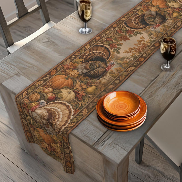 Vintage Style Turkey Table Runner: Autumn Harvest Botanical Fall Thanksgiving Dining Decor