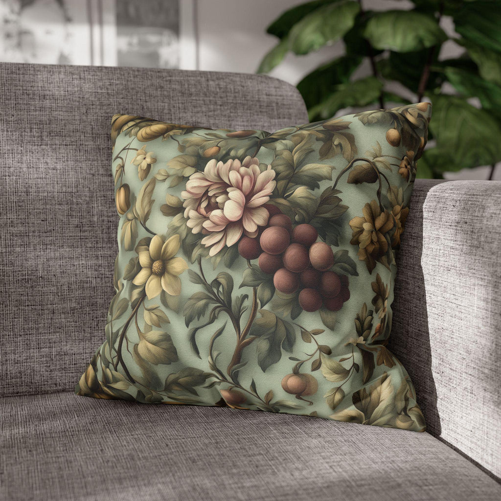William Morris Inspired Autumn Floral Pillow Cover: Celadon, Fig Purple, Gold Heirloom Design
