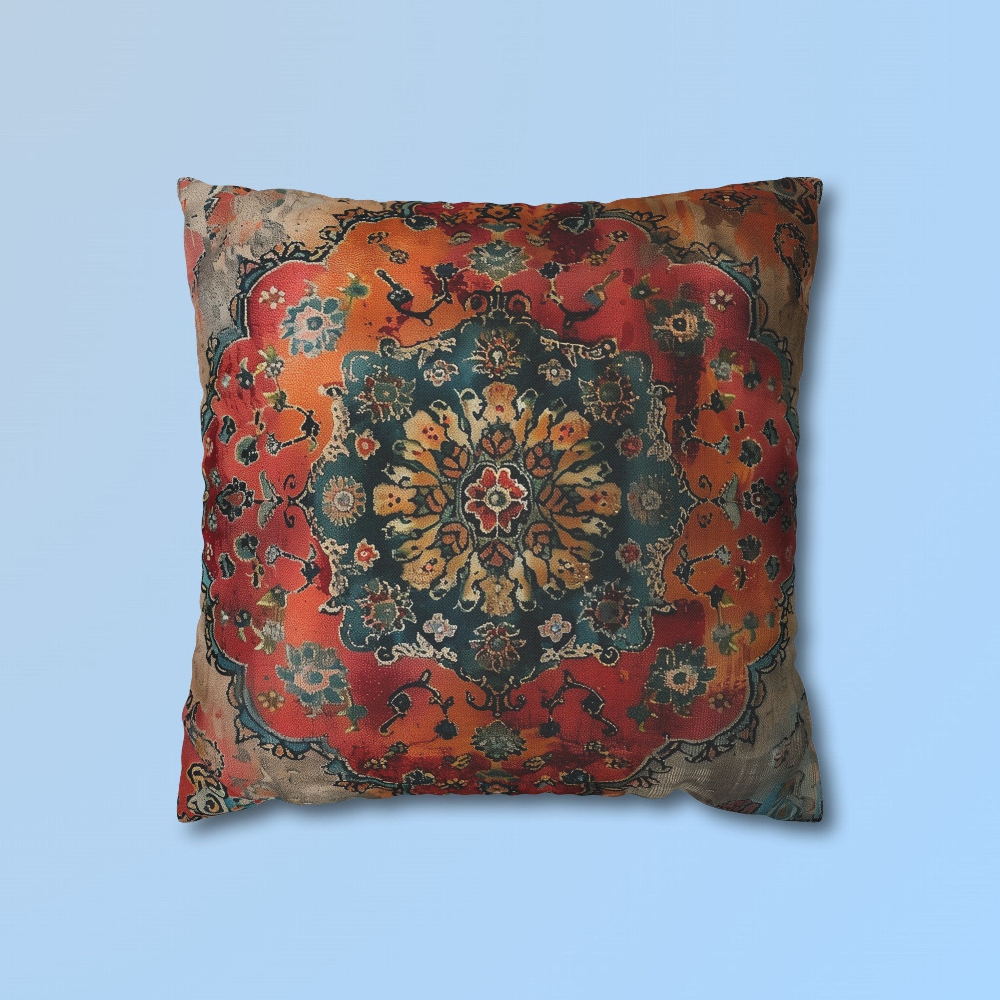 Medallion Persian Rug Pillow Cover: Teal, Red, and Orange