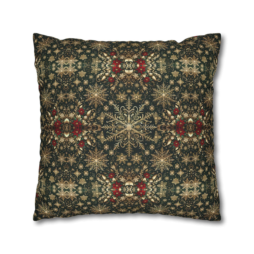 Elegant Gold Snowflake Poinsettia Square Pillow Cover: Holiday Tapestry Pattern for Christmas Home Decor