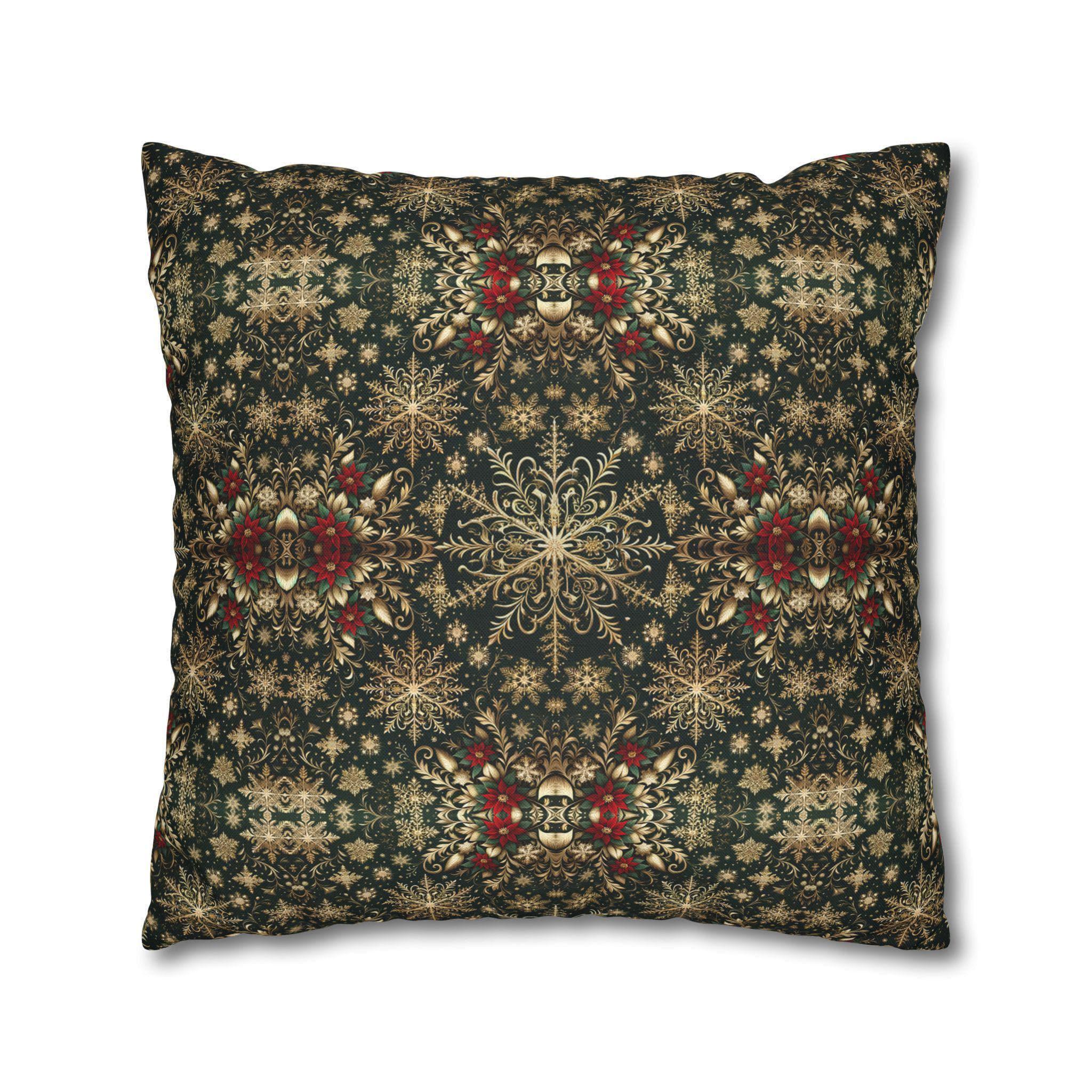 Elegant Gold Snowflake Poinsettia Square Pillow Cover: Holiday Tapestry Pattern for Christmas Home Decor