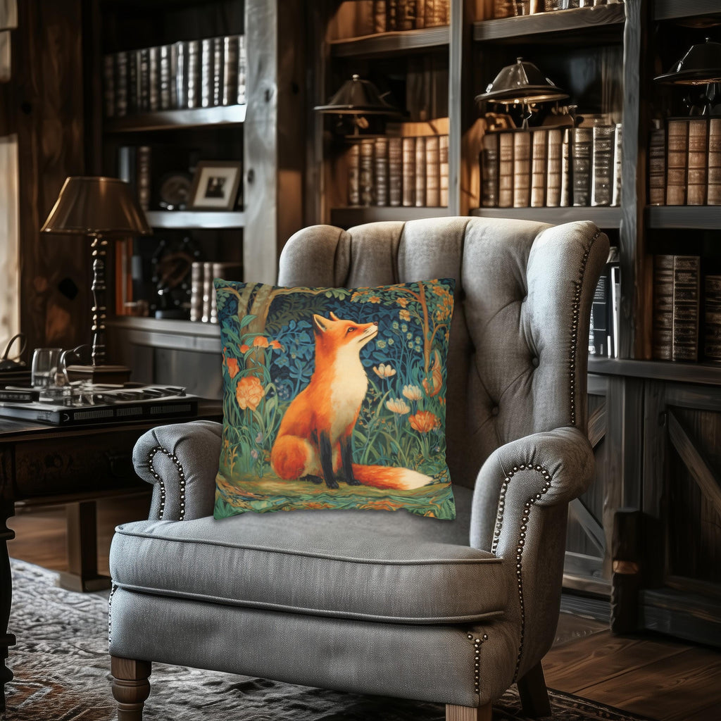 Morris-Inspired Red Fox Botanical Pillow Cover: Vintage Style Moody Woodland Blooms