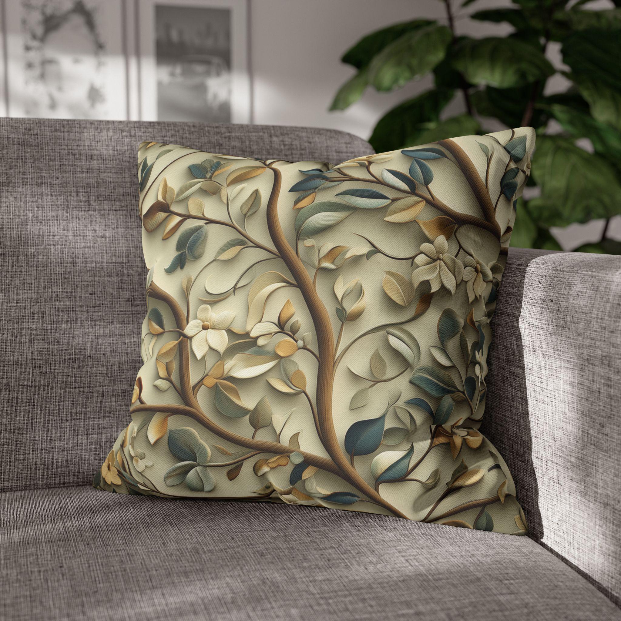 Elegant William Morris Inspired Botanical Pillow Cover - Floral Cushion in Green, Gold, and Beige