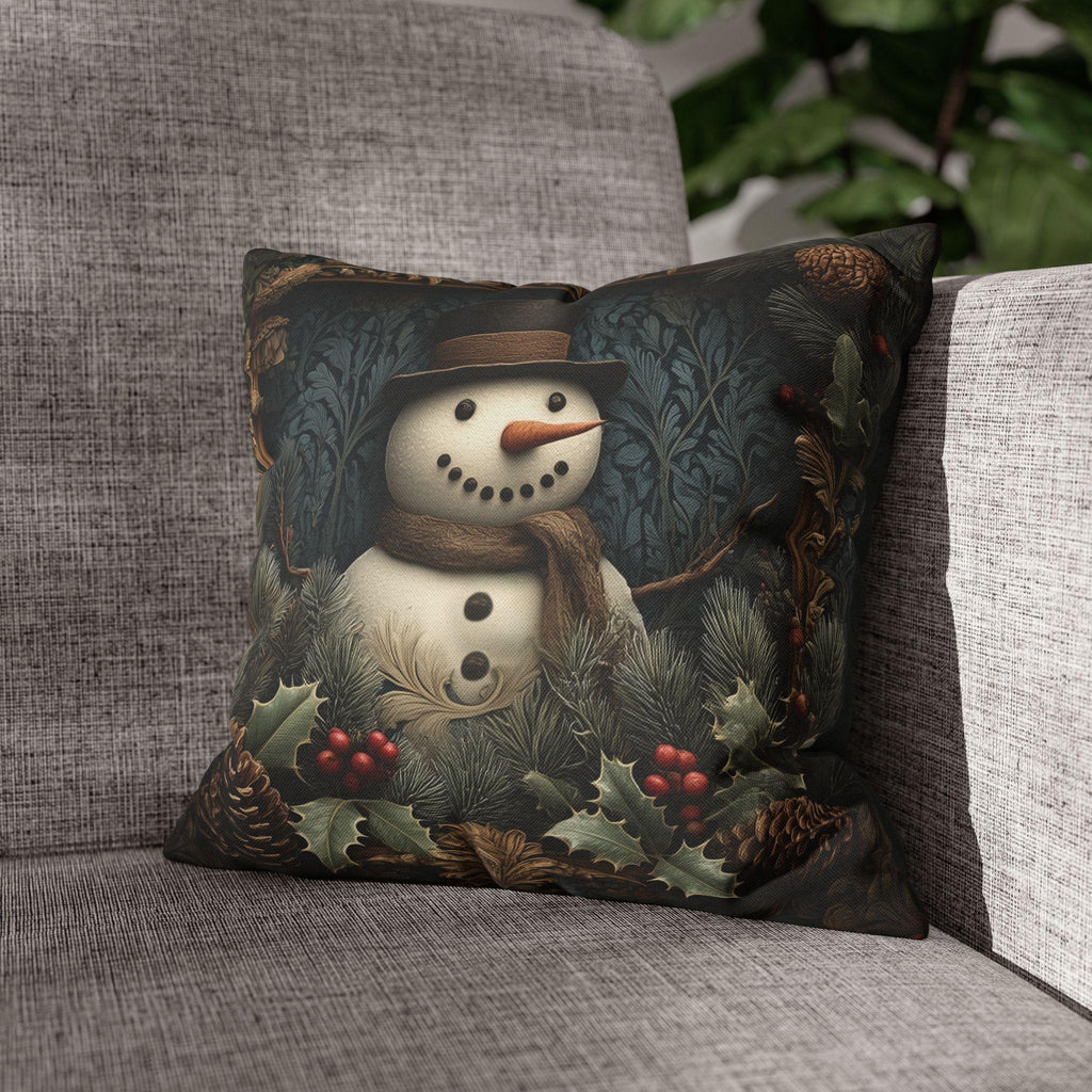 William Morris Inspired Christmas Snowman Pillow Cover: Woodland Pine & Holly Illustration