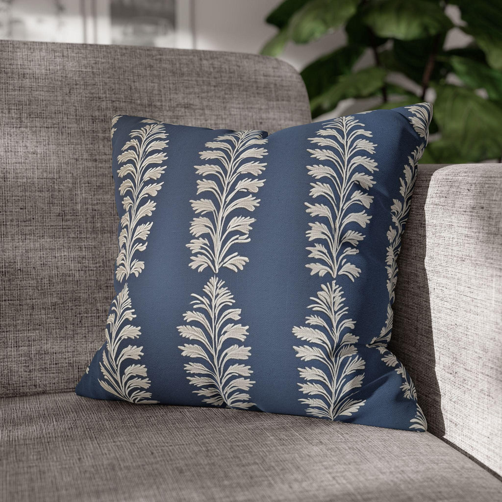 Slate Blue Botanical Pillow Cover: Ivory Leaf Stripe, Farmhouse Decor