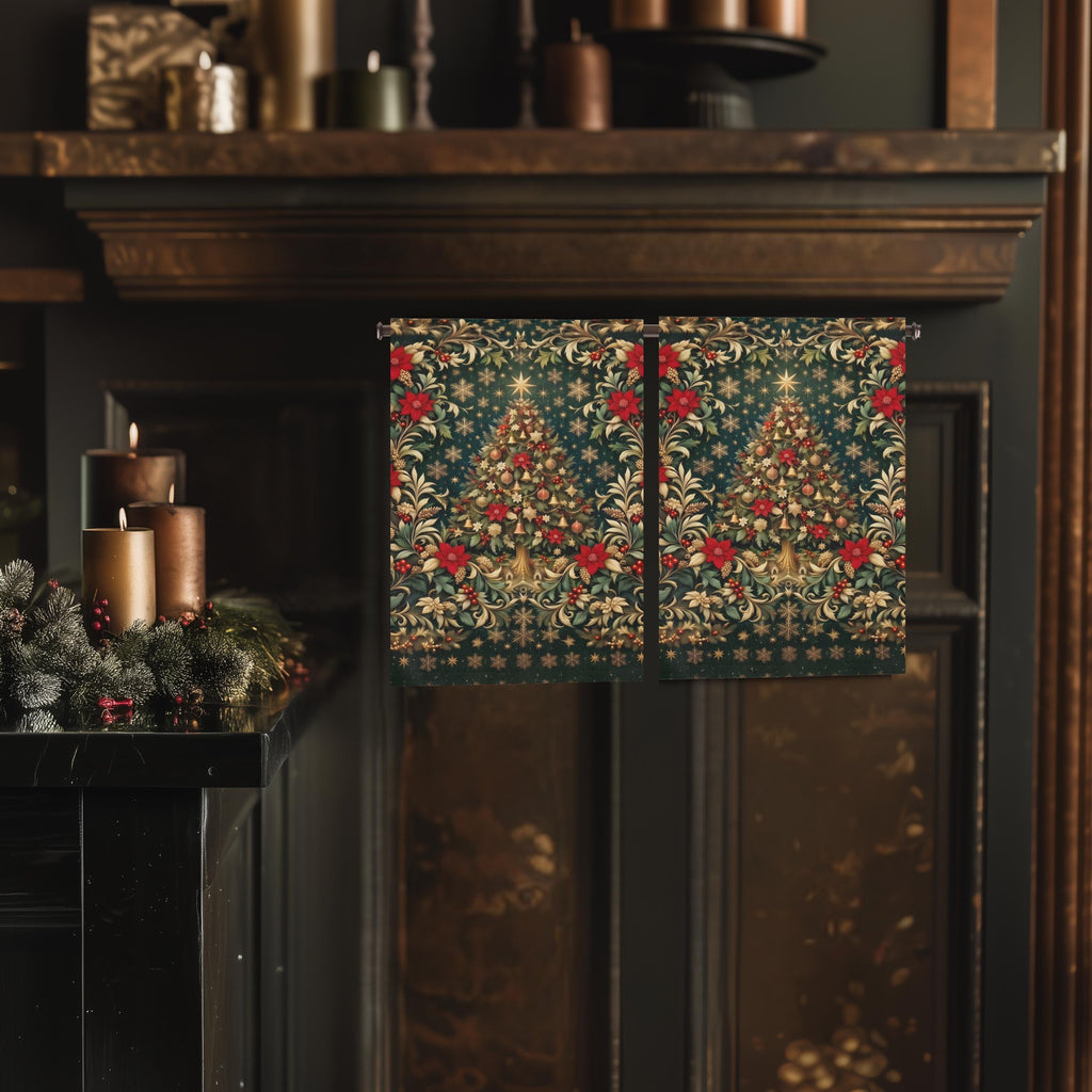 William Morris Christmas Hand Towel: Vintage Style Emerald Green Poinsettia, Golden Snowflake