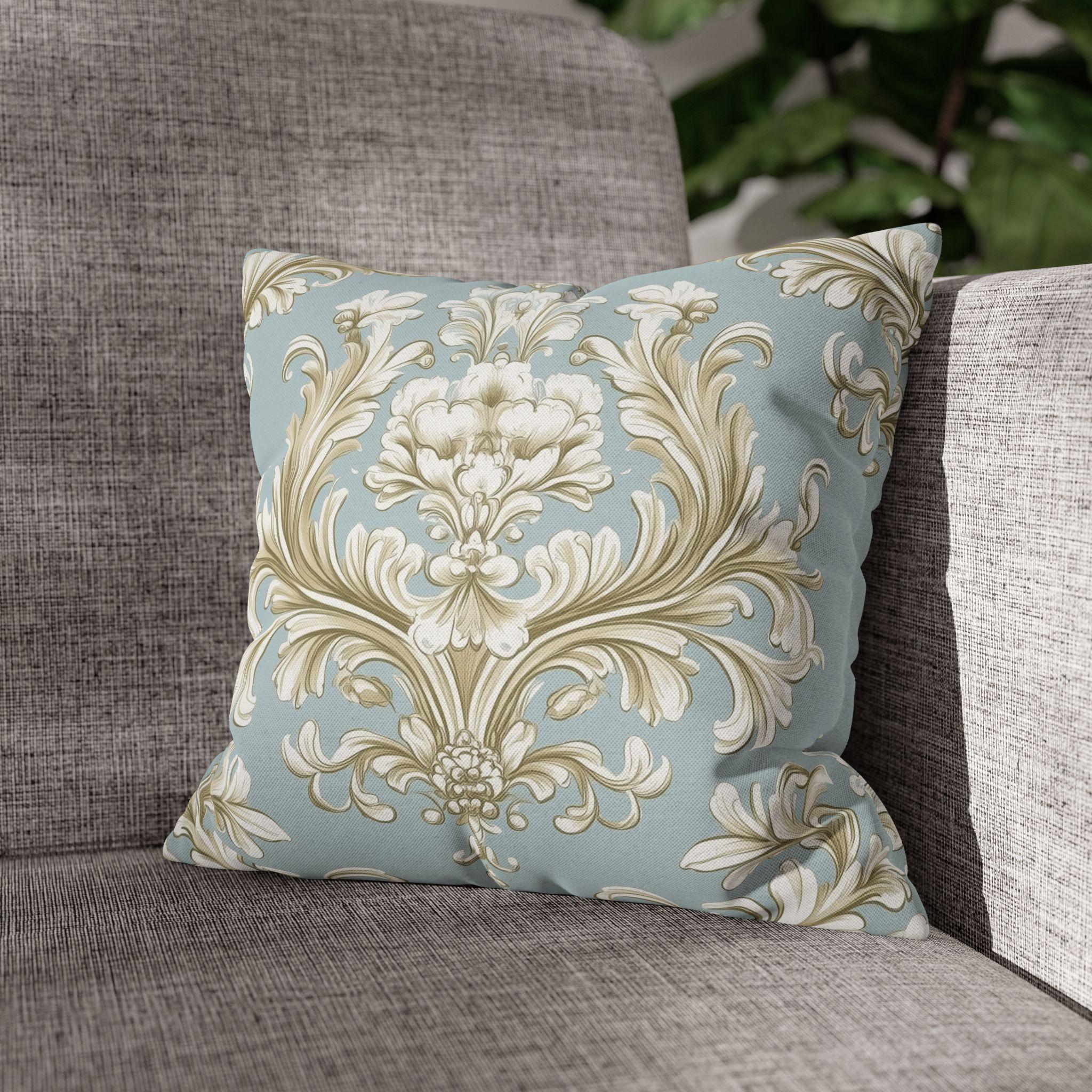 Elegant Baroque Floral Pillowcase: Champagne & Gold on Powder Blue - Luxurious Home Decor Gift