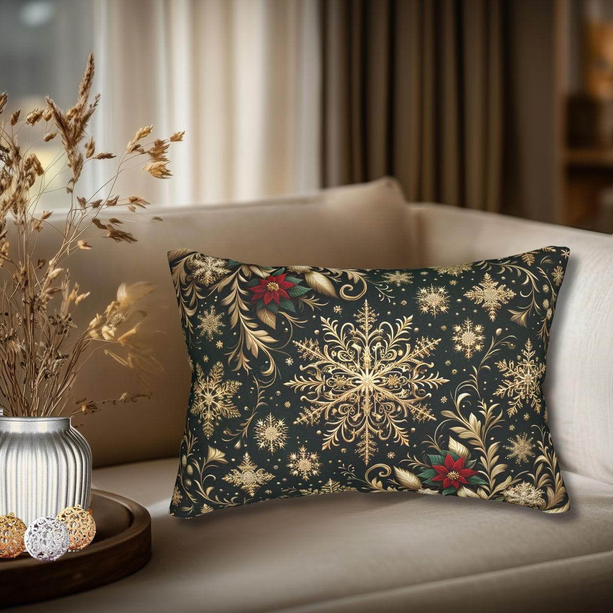 a decorative pillow with a black and gold floral pattern, placed on a white couch. The pillow has a red flower and snowflake design, adding a touch of color and elegance to the scene. The couch is positioned against a window, allowing natural light to illuminate the room. A vase with dried flowers and a tray with ornaments are also visible in the background, contributing to the cozy and festive atmosphere.