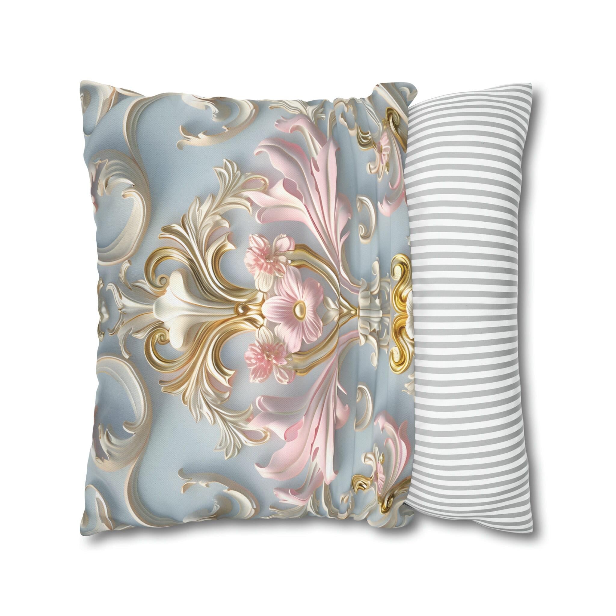 Rococo Pillow Cover: Pink Acanthus, Gold Motif, Blue-Grey Cushion