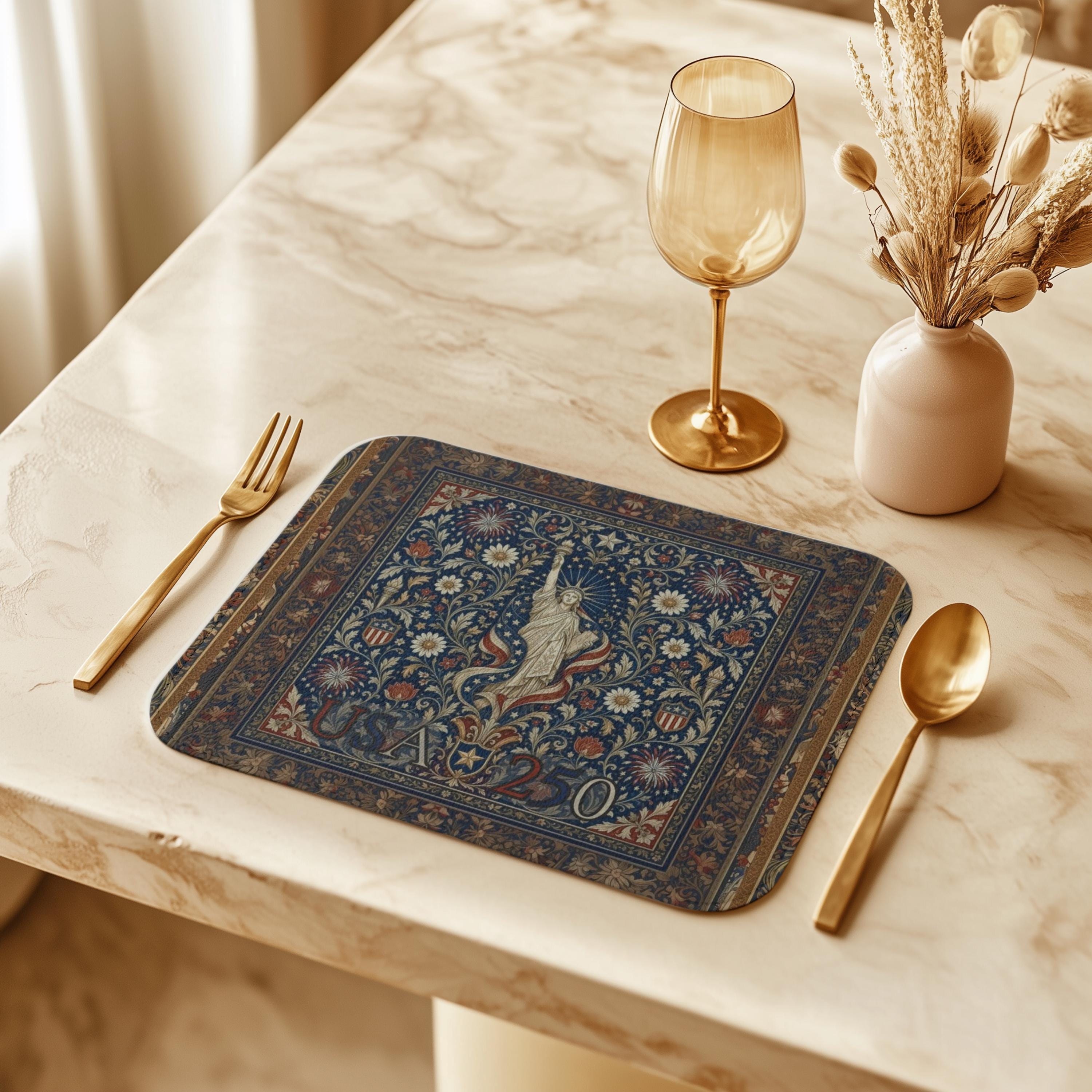Patriotic Floral Tapestry Leather Placemat: USA 250 Keepsake Decor