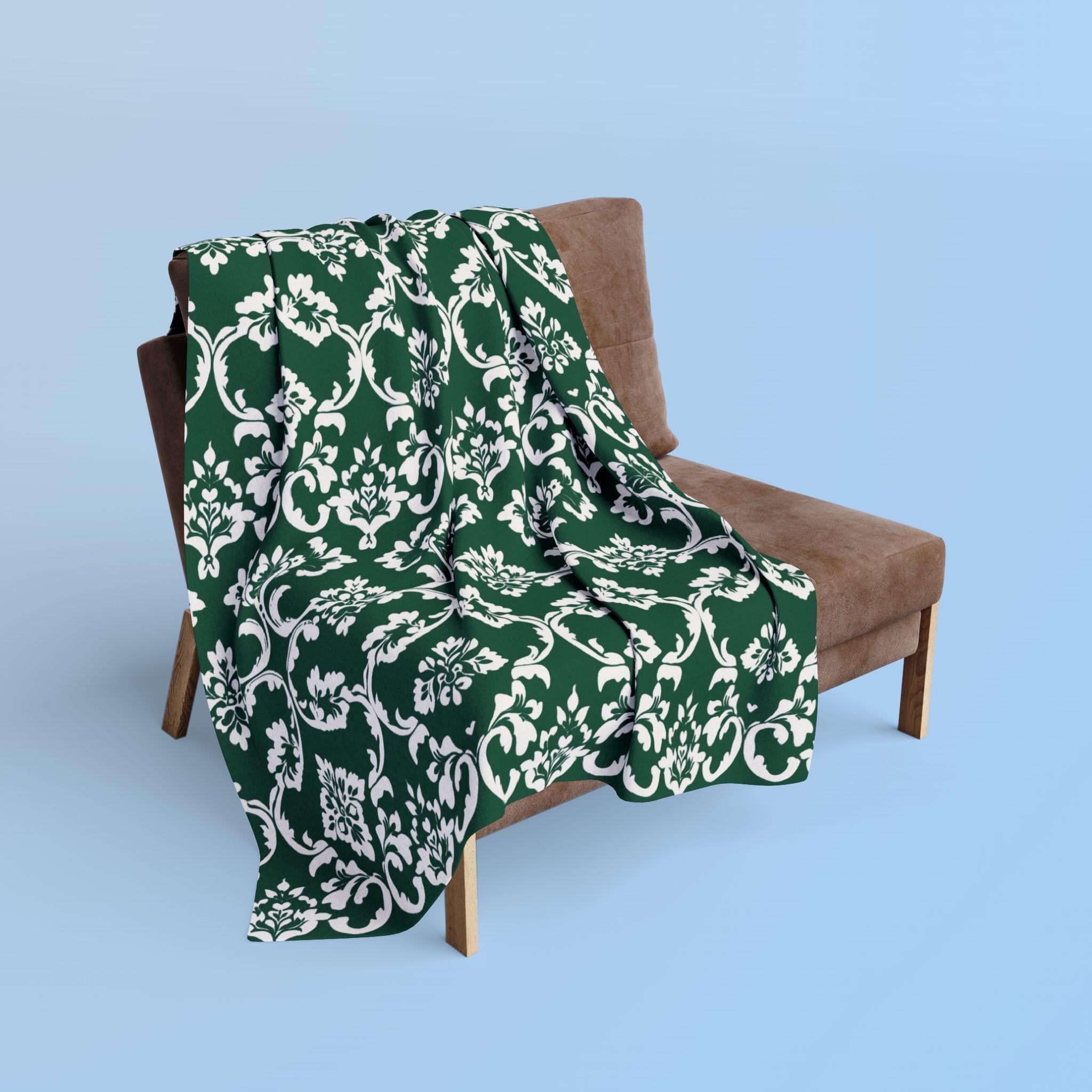 Kelly Green Damask Fleece Blanket: Elegant Floral Throw