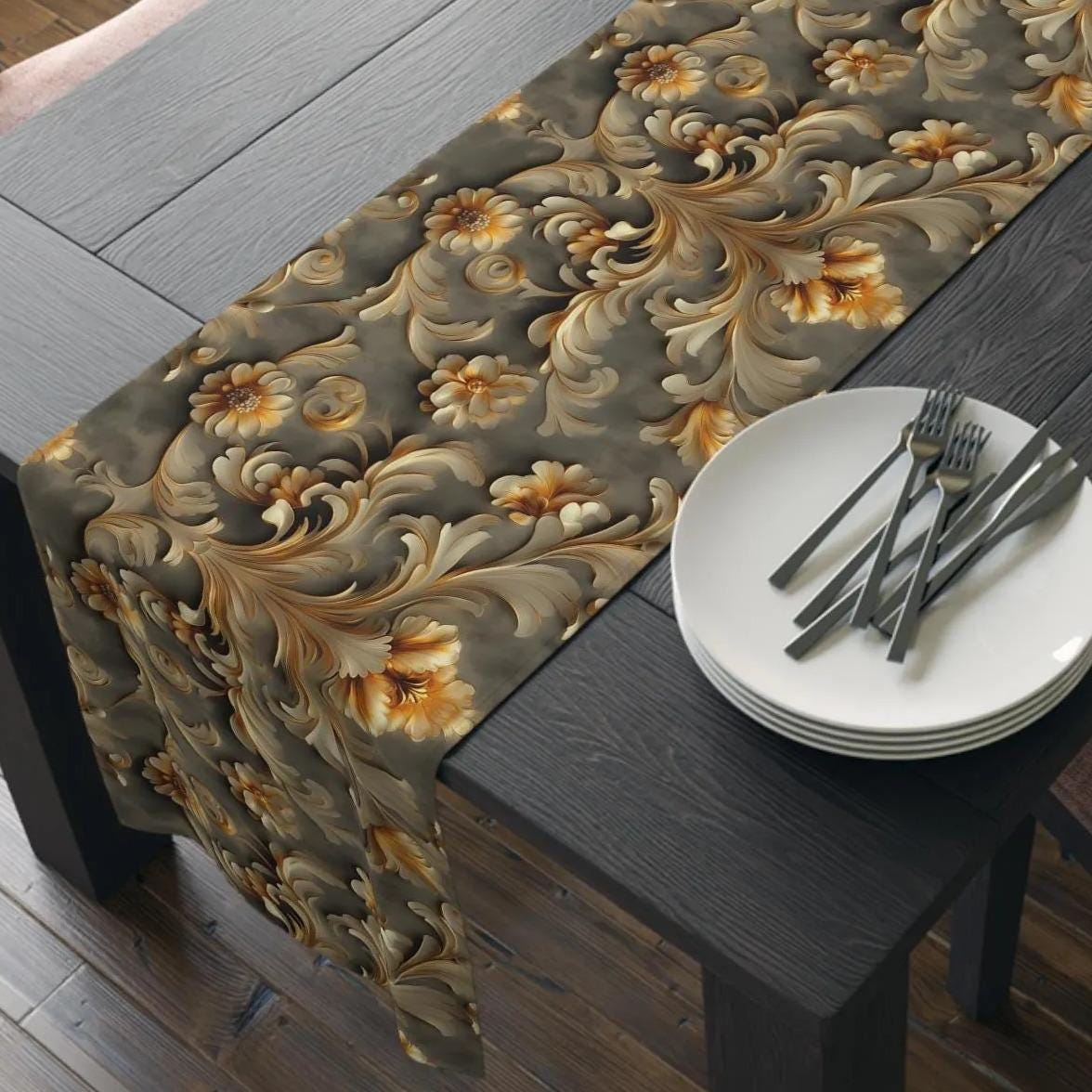 French Damask Table Runner, Golden Floral Elegant Home Decor