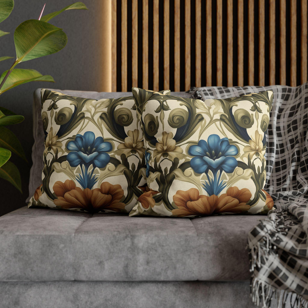 William Morris Floral Pillow Cover: Blue, Orange Blooms, Elegant Home Decor