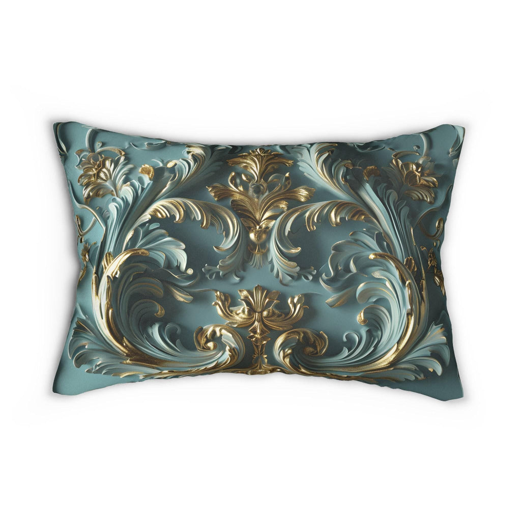 Luxurious Rococo Gold Scrollwork Lumbar Pillow: Ornate Acanthus Motifs on Teal Elegant 3D Design
