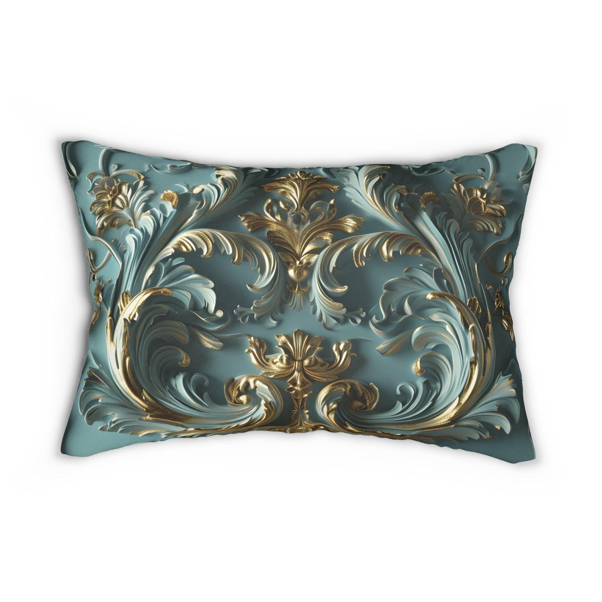 Luxurious Rococo Gold Scrollwork Lumbar Pillow: Ornate Acanthus Motifs on Teal Elegant 3D Design