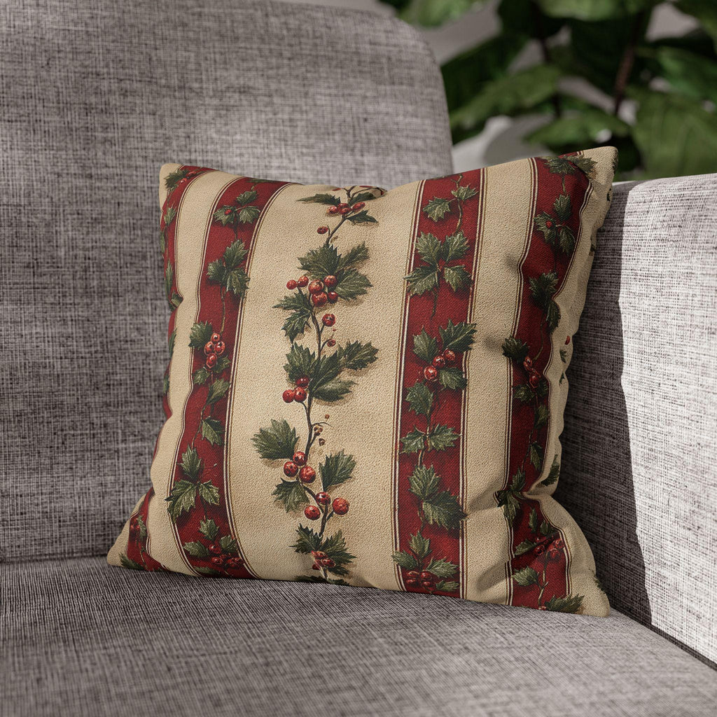 Striped Holly Christmas Pillow Cover: Red, Green, Cream Holiday Botanical Winter Decor