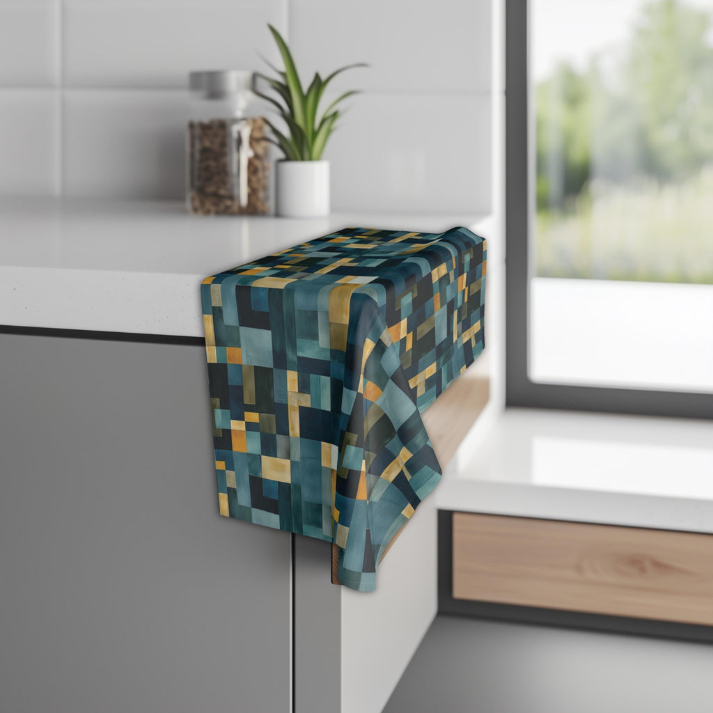 Geometric Abstract Hand Towel: Blue & Earthy Tones, Modern Rustic Decor, Hand-painted Effect