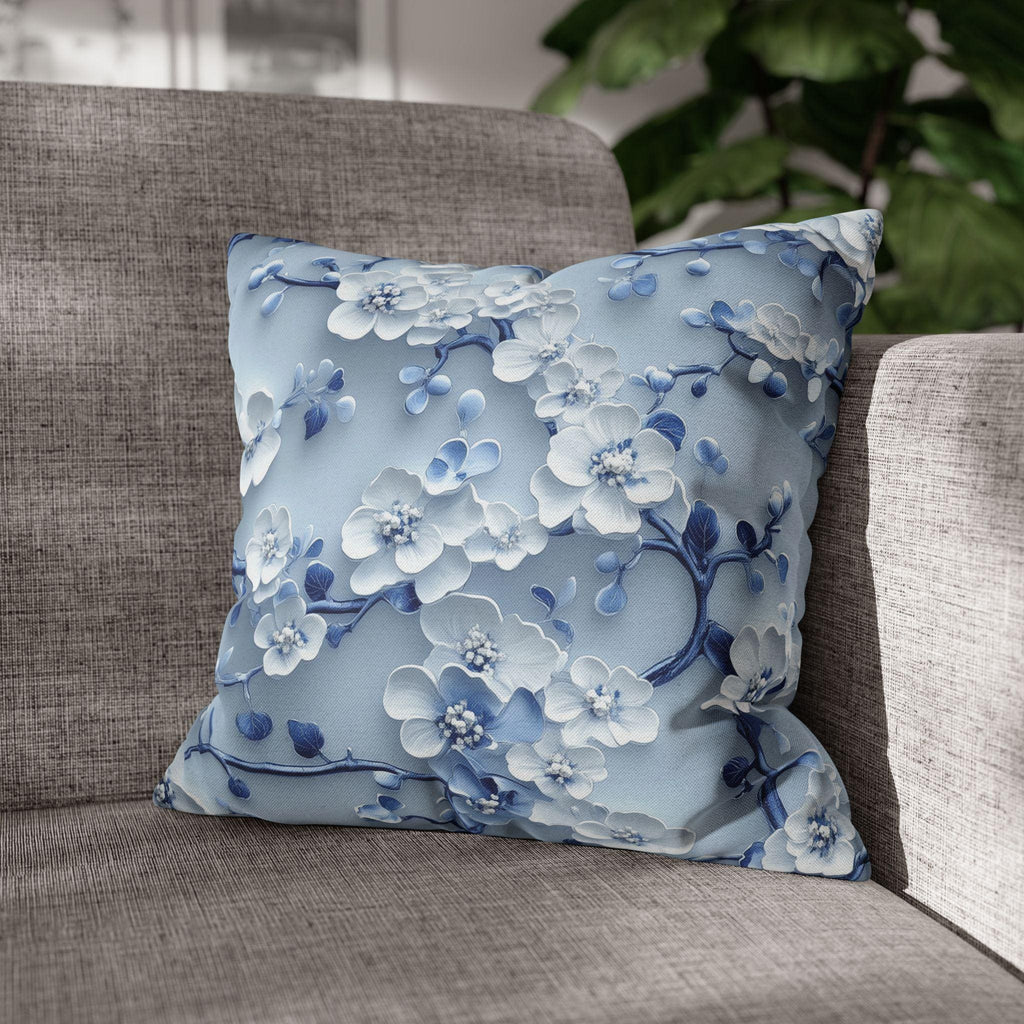 Elegant Blue & White Chinoiserie Cherry Blossom Pillow Cover | Asian-Inspired Floral Home Decor