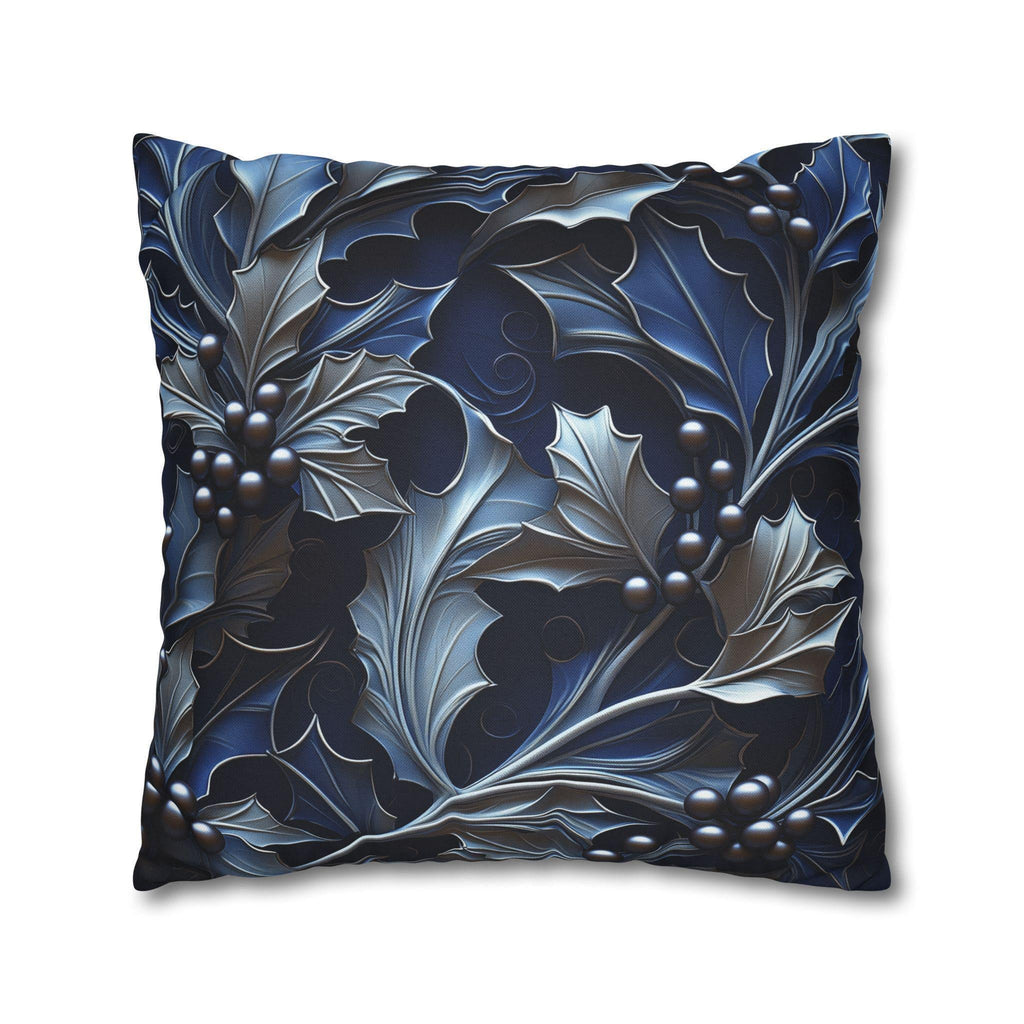 Elegant Silver & Blue Holly Leaf Christmas Pillow Cover - Moody Contemporary Holiday Decor