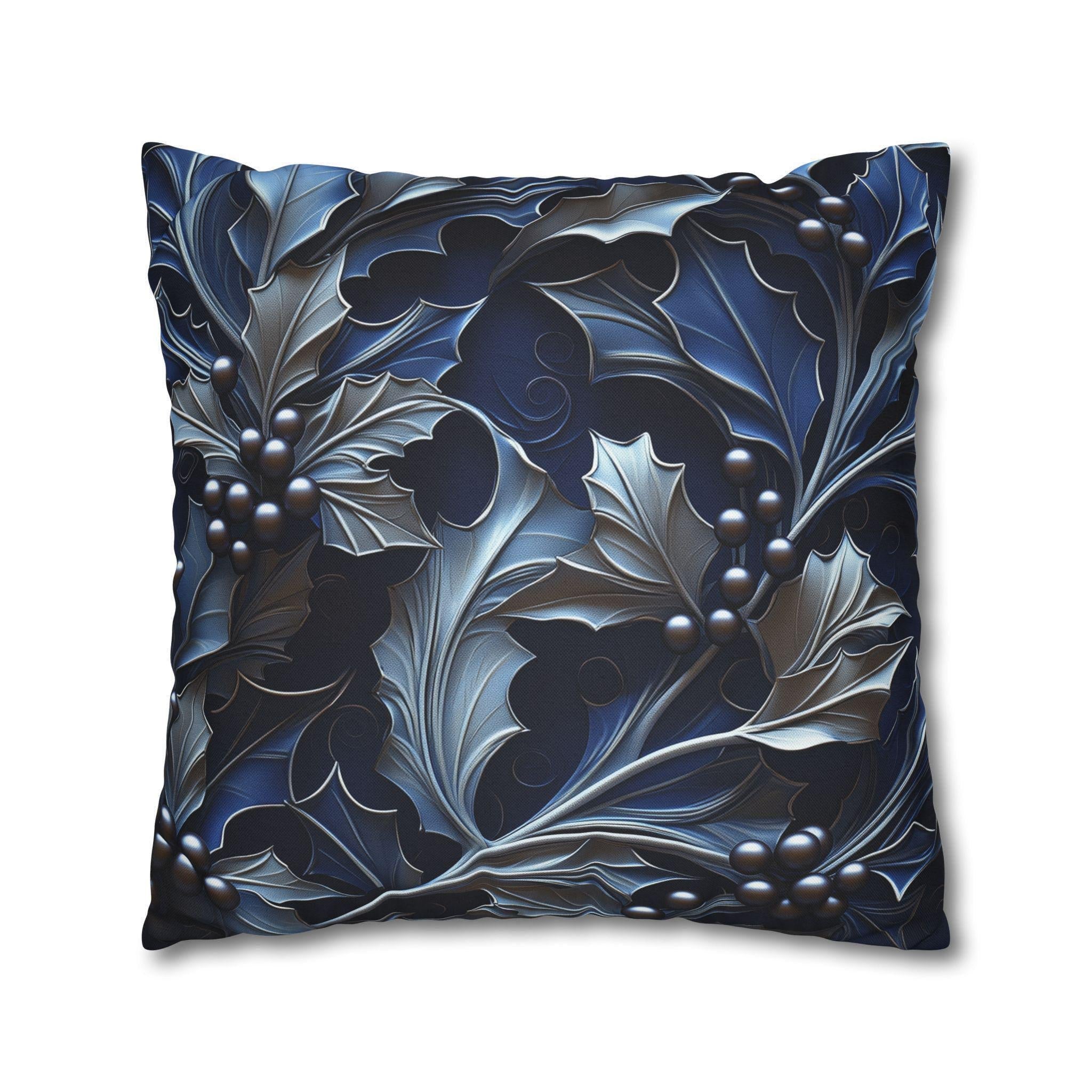 Elegant Silver & Blue Holly Leaf Christmas Pillow Cover - Moody Contemporary Holiday Decor