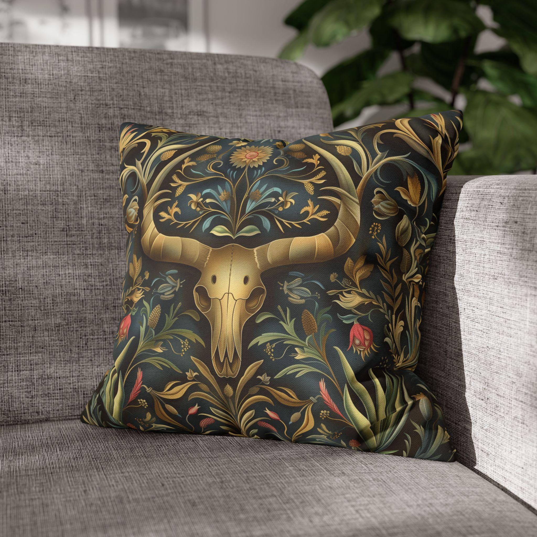 Southwest Floral Skull Pillow: William Morris Inspired Western Decor, Botanical Horned Cushion Cover