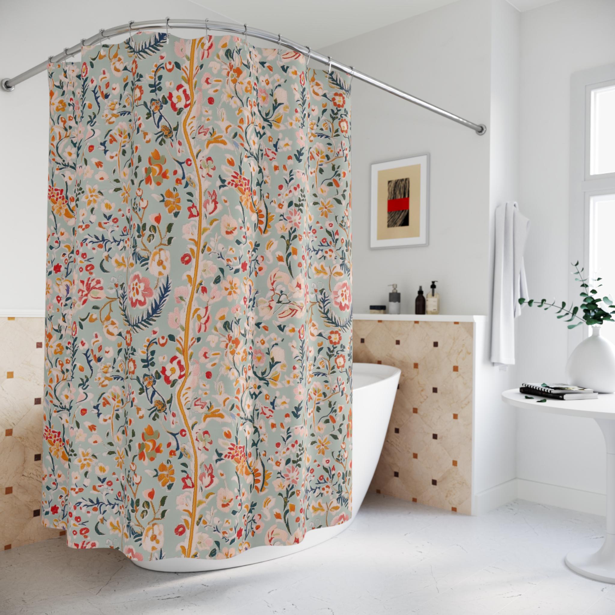 Soft Blue Floral Shower Curtain: Botanical Charm for Cottagecore Bathroom Decor