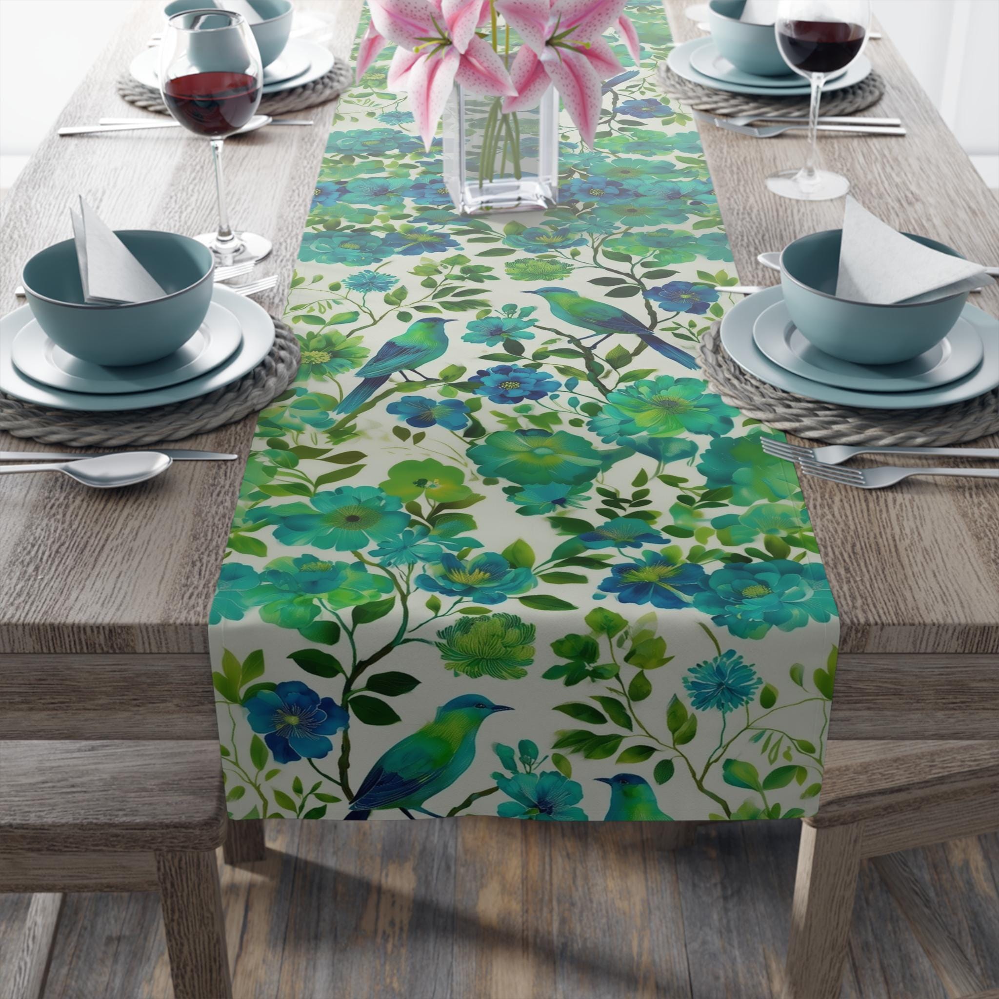 Chinoiserie Bird Table Runner: Teal Green Watercolor Floral