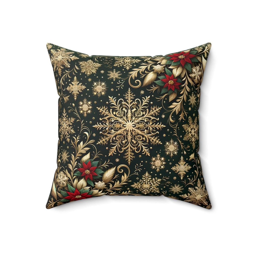 Elegant Poinsettia Christmas Throw Pillow: Golden Snowflakes & Emerald Festive Holiday Home Decor Accent