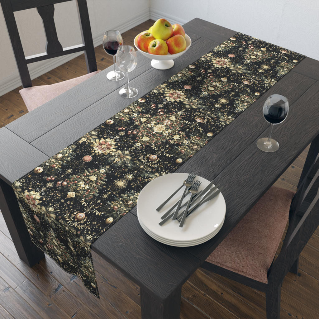 Christmas Tree Table Runner: Luxe Gold Red & Green on Deep Charcoal Holiday Table Decor