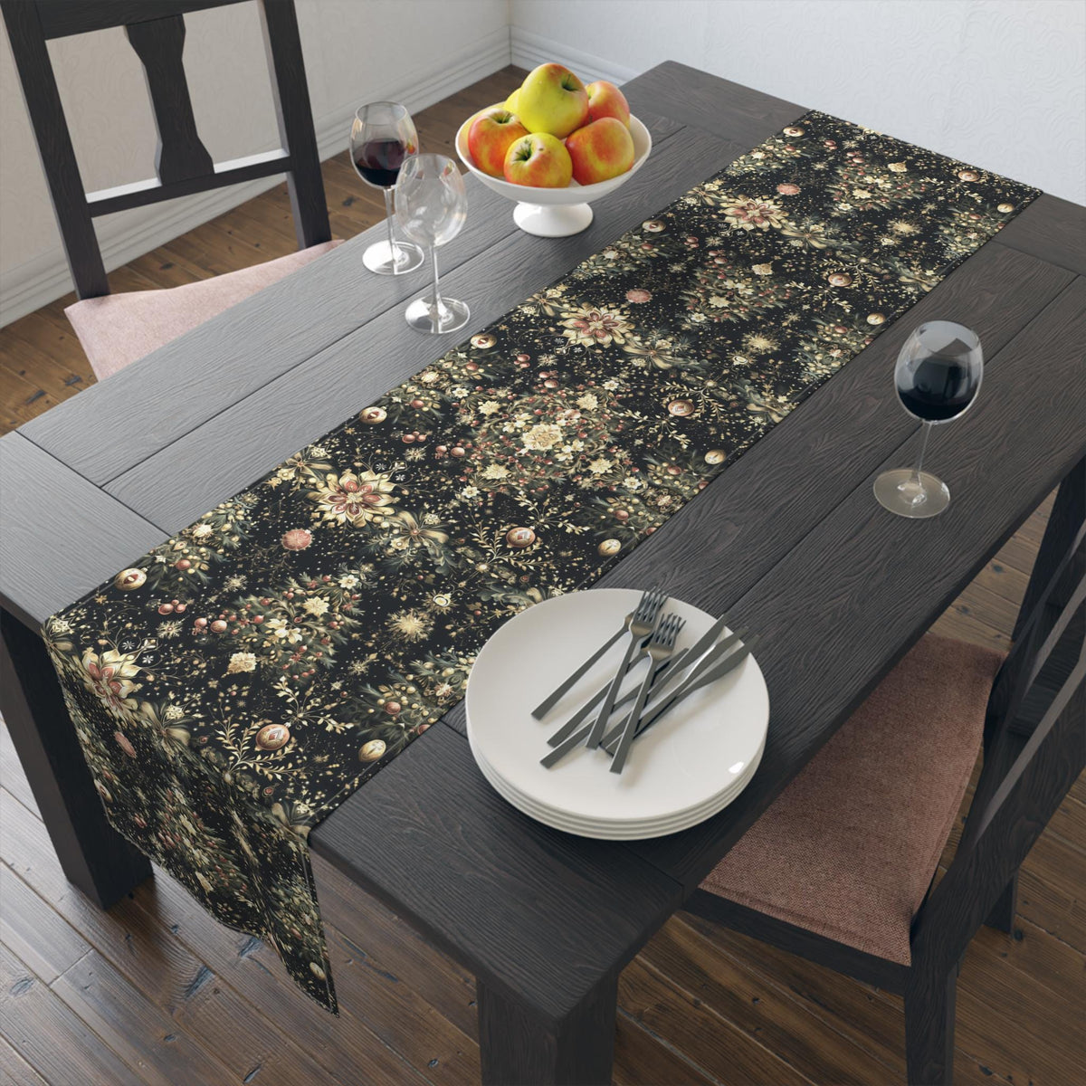 Christmas Tree Table Runner: Luxe Gold Red & Green on Deep Charcoal Holiday Table Decor