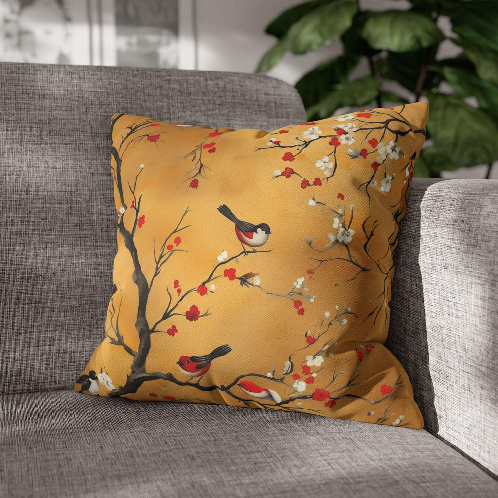 Chinoiserie Pillow Cover: Gold, Red Blossoms & Birds - Asian Decor