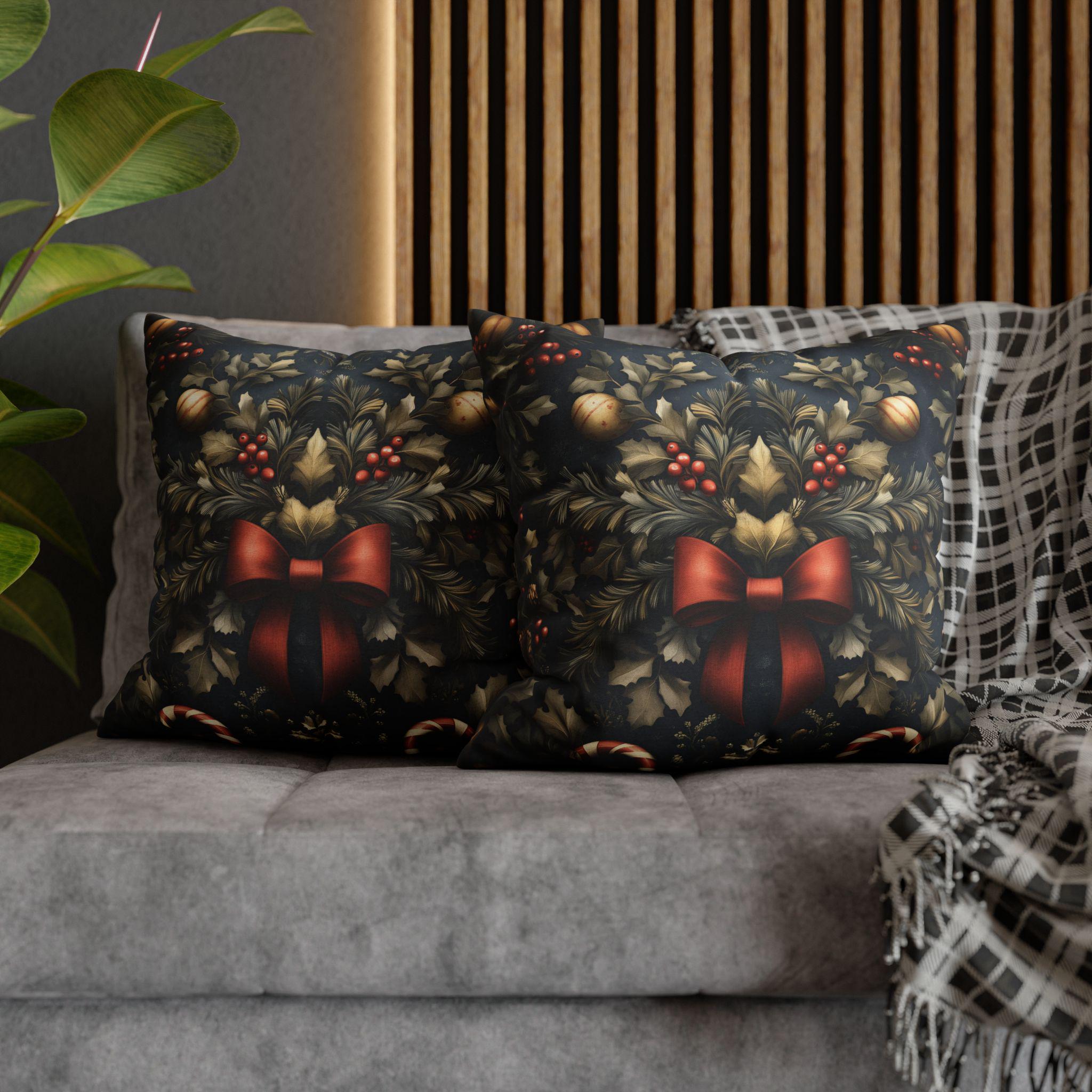 Midnight Holiday Pillow Cover: Morris-Style Christmas Theme in Navy, Gold & Red