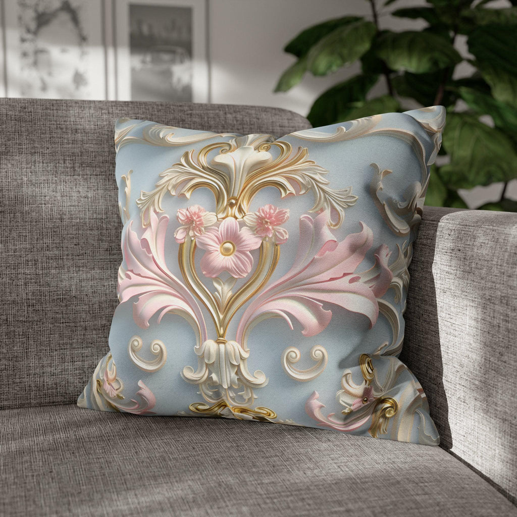 Rococo Pillow Cover: Pink Acanthus, Gold Motif, Blue-Grey Cushion