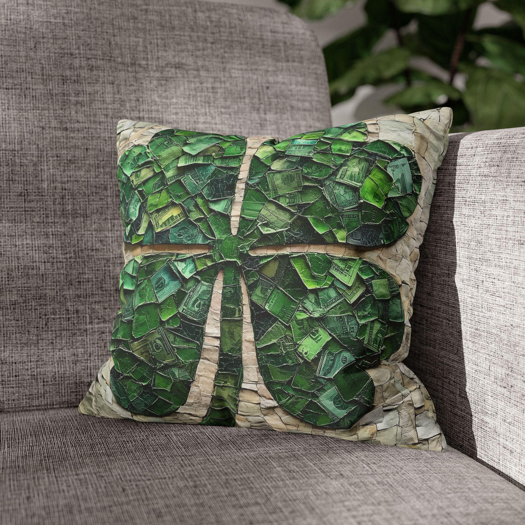 St. Patrick's Day Lucky Clover Pillowcase: Green Money Mosaic Design, Handcrafted Square Decor