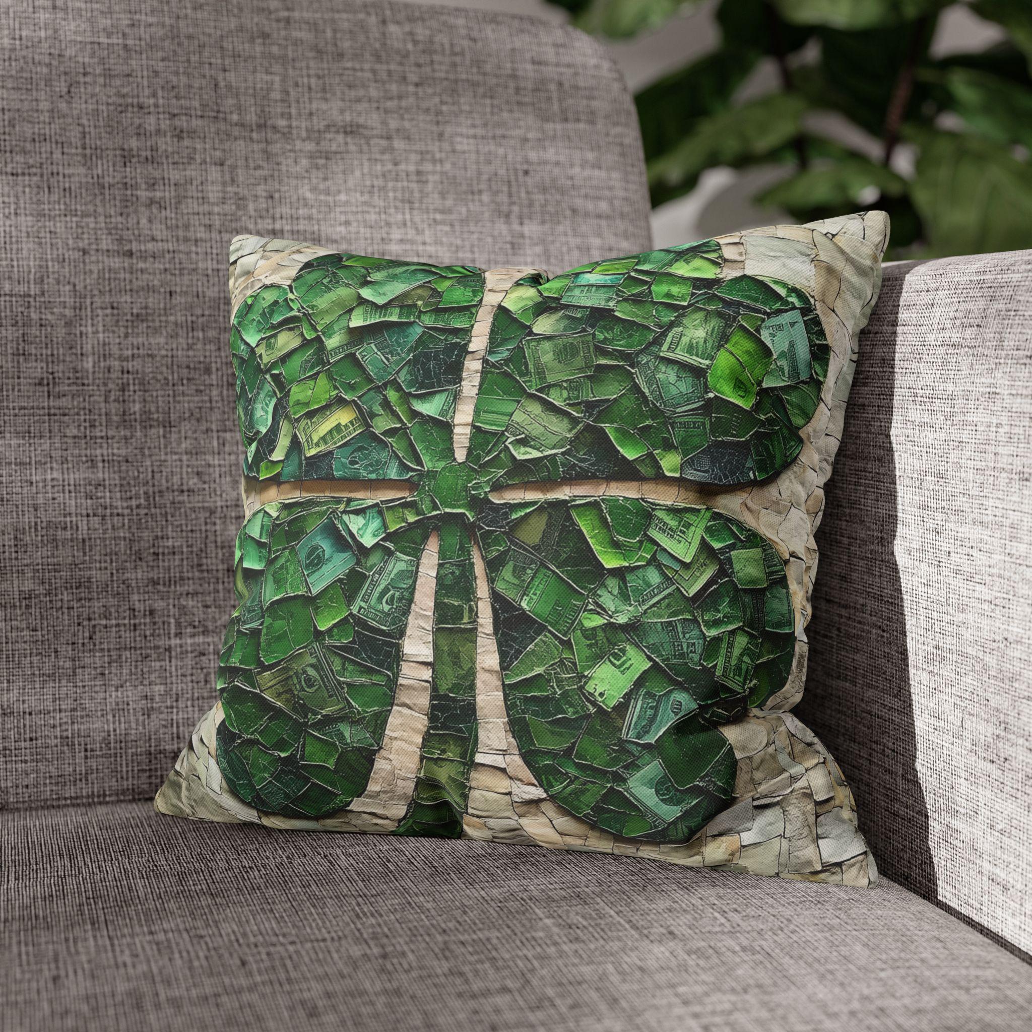 St. Patrick's Day Lucky Clover Pillowcase: Green Money Mosaic Design, Handcrafted Square Decor