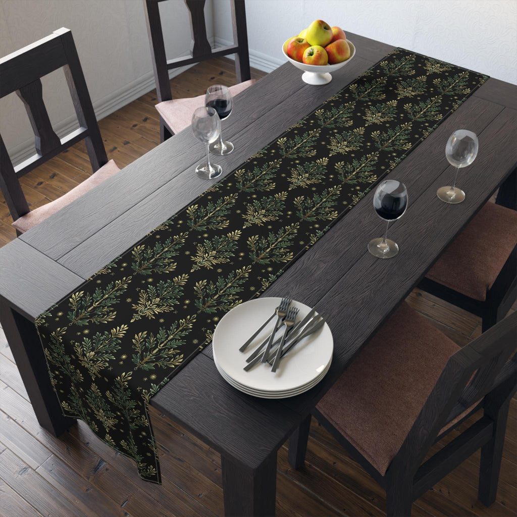 William Morris Christmas Tree Luxury Table Runner, Green & Gold on Black Elegant Christmas Holiday and Winter Decor