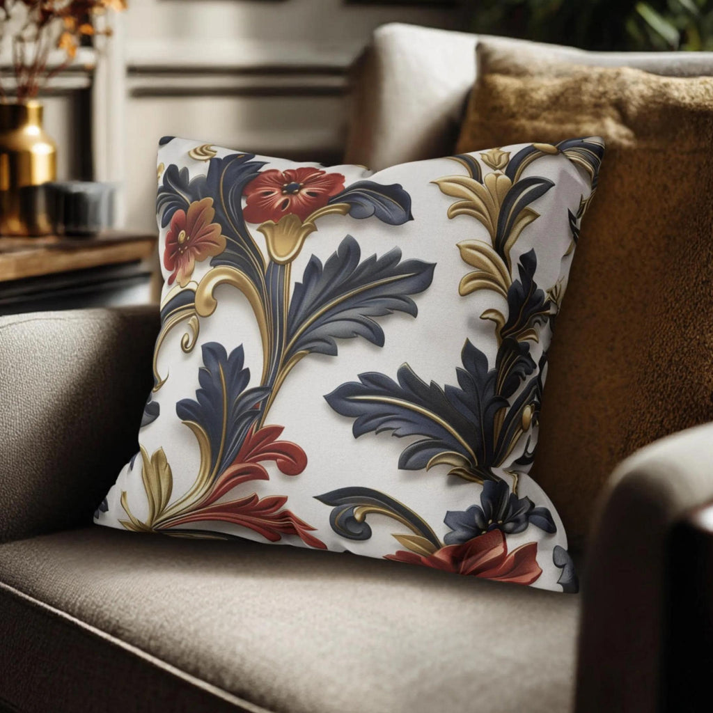 Luxurious Baroque-Inspired Floral Pillow Cover: Navy, Gold, Red on White Background