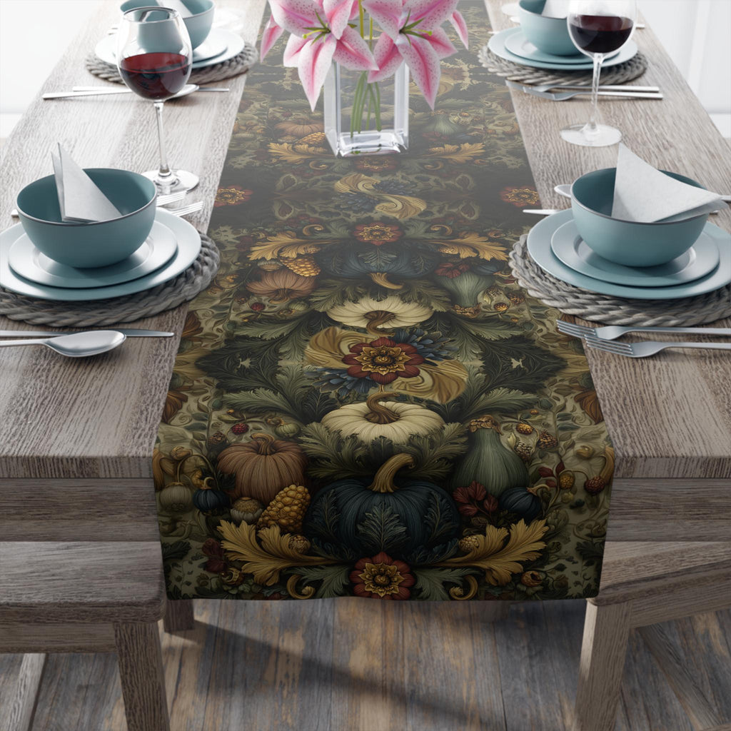 William Morris Inspired Autumn Harvest Tapestry Table Runner: Deep Teal with Ivory Blue & Gold