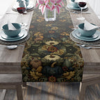 William Morris Inspired Autumn Harvest Tapestry Table Runner: Deep Teal with Ivory Blue & Gold
